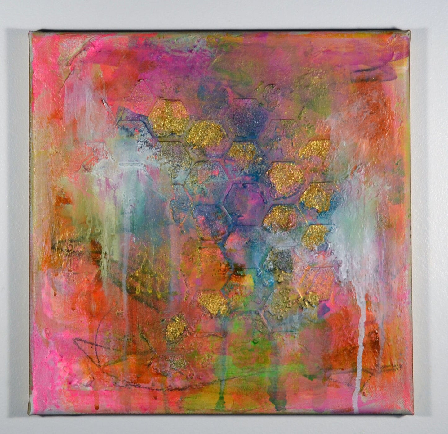 Abstract mixed media on canvas 8x10, hot pink honeycomb design on watercolor board, eclectic wall art