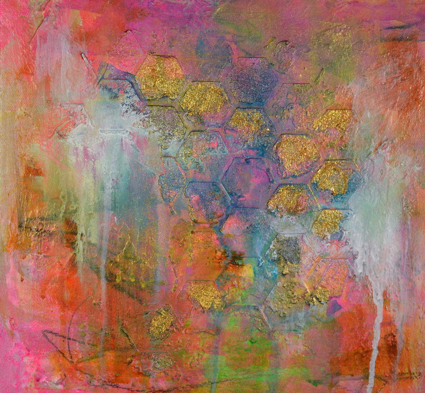 Abstract mixed media on canvas 8x10, hot pink honeycomb design on watercolor board, eclectic wall art