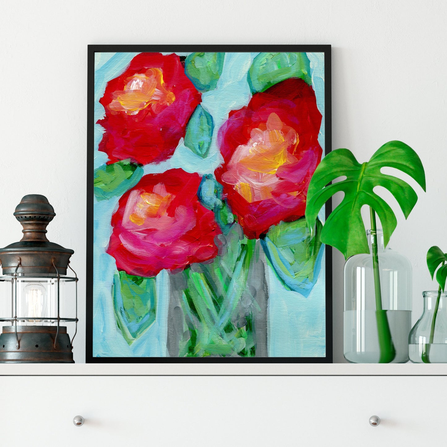 Red abstract flowers in a vase original acrylic painting 9x12, hand painted modern floral wall art