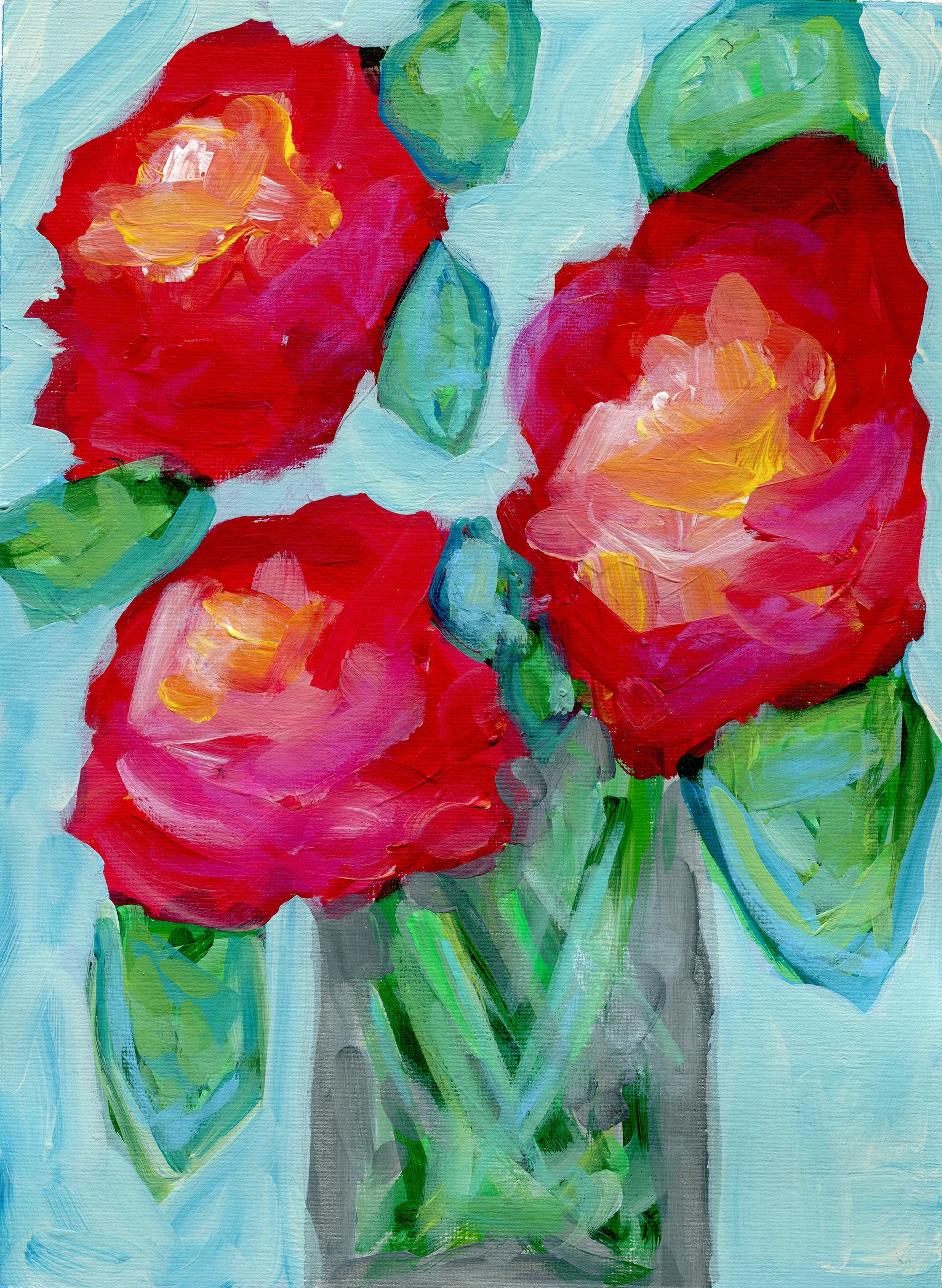 Red abstract flowers in a vase original acrylic painting 9x12, hand painted modern floral wall art