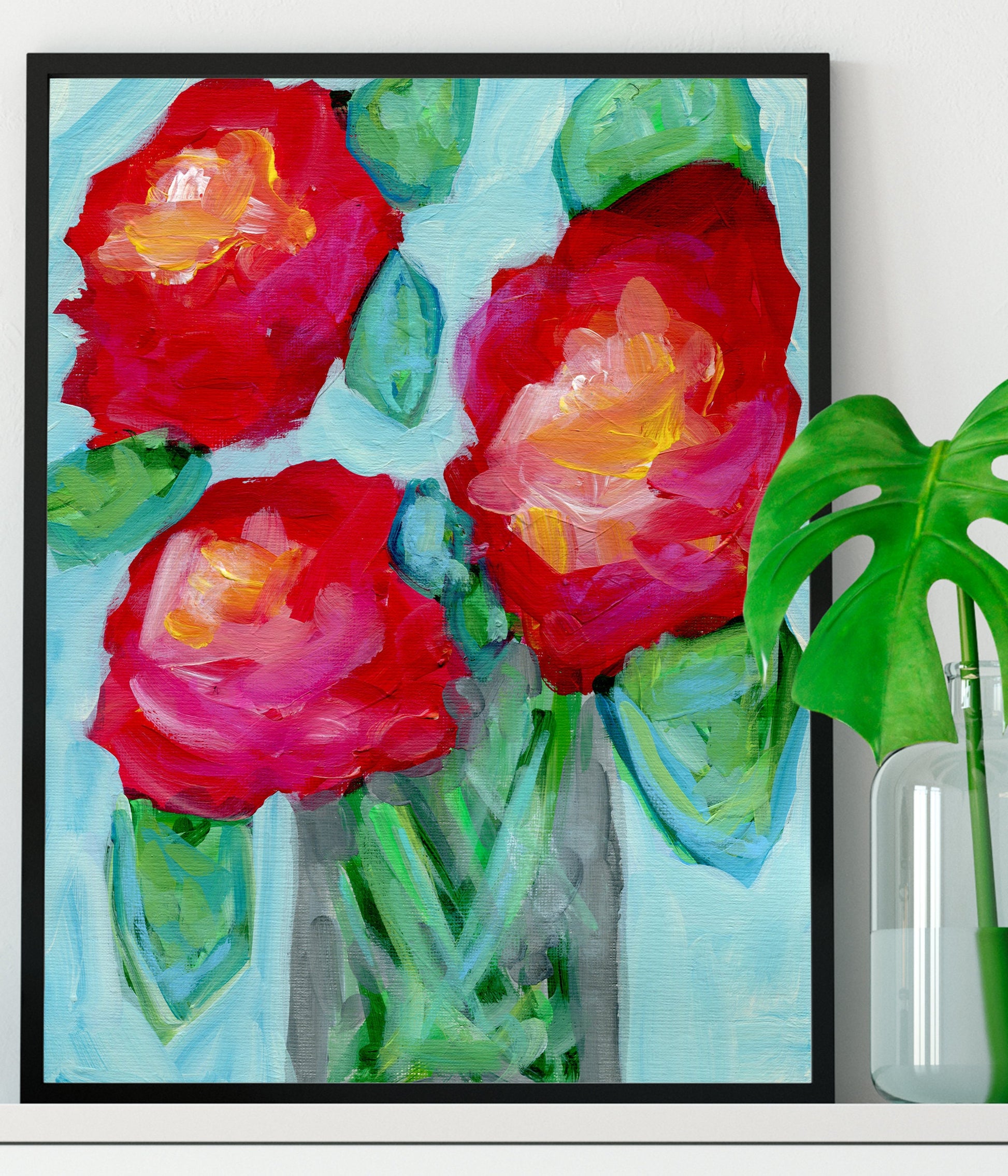 Red abstract flowers in a vase original acrylic painting 9x12, hand painted modern floral wall art