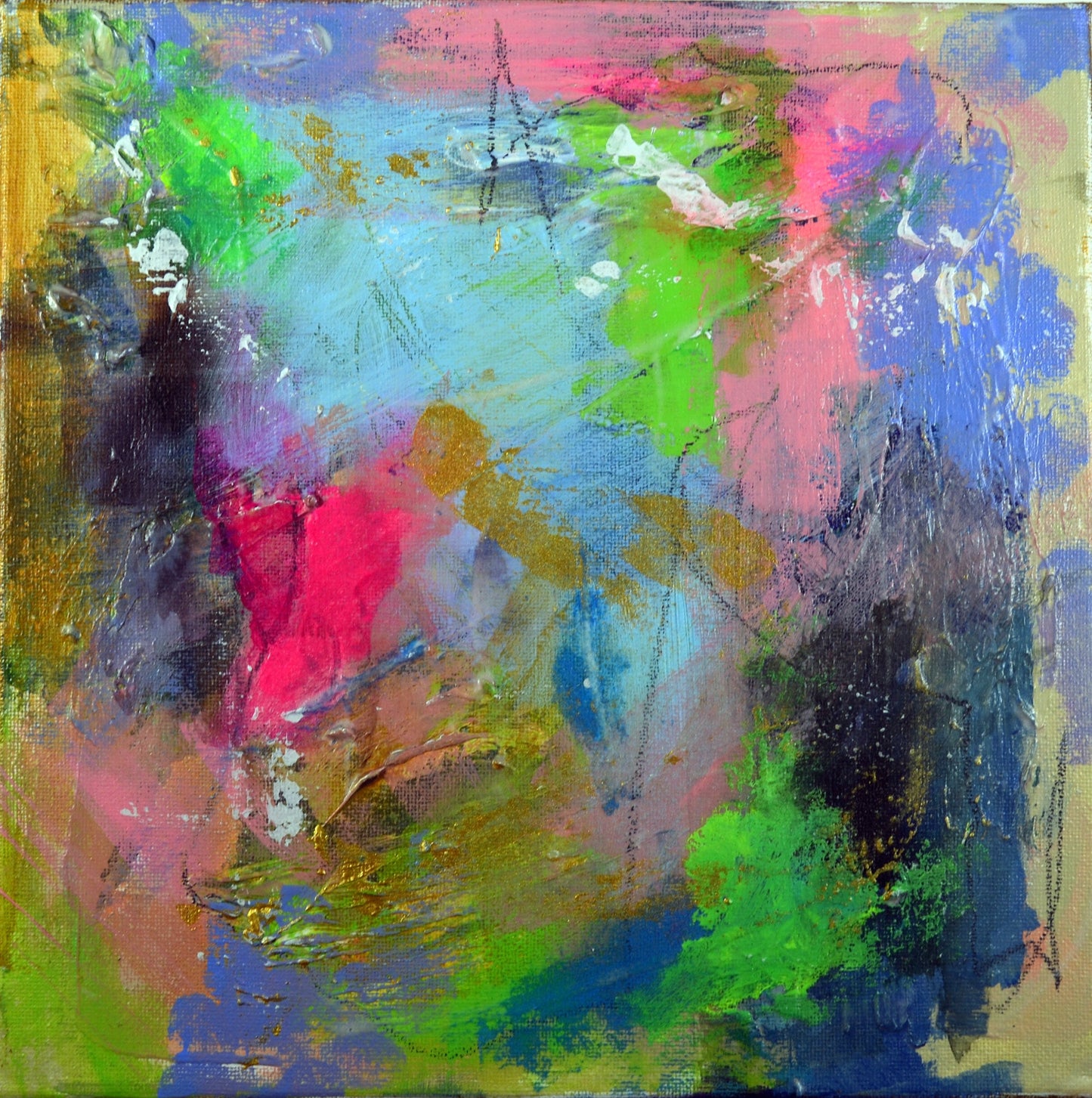 Abstract mixed media on canvas 10x10, bright neon green and pink accent eclectic wall art