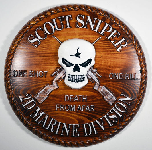 USMC 2nd Marine Scout Sniper, CNC, Stained 3D Wood Carving, Military Plaque