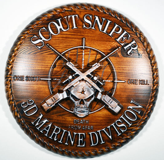 USMC 3rd Marine Scout Sniper, CNC, Stained 3D Wood Carving, Military Plaque