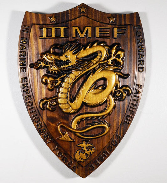 USMC III Marine Expeditionary Force, 3rd MEF,12 Java Gold Plaque, 3d wood carving, military plaque