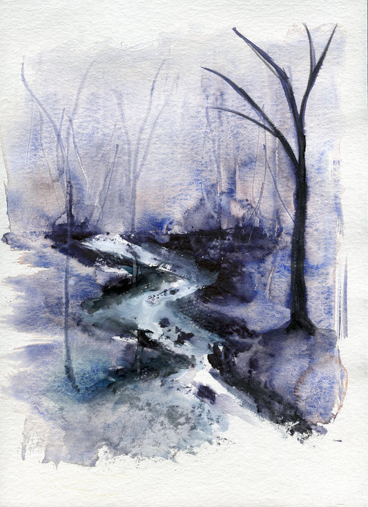 Atmospheric forest and creek original watercolor landscape painting, 9x12 hand painted on paper, whimsical landscape wall art