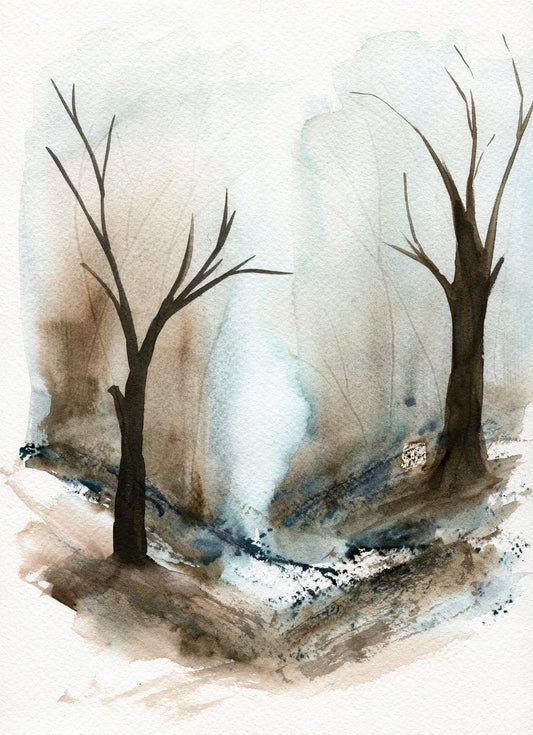 Atmospheric forest original watercolor landscape painting, 9x12 hand painted on paper, whimsical landscape wall art