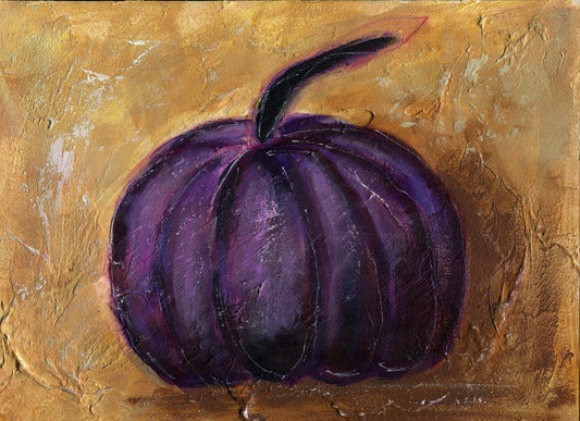 Fall purple pumpkin mixed media painting on watercolor board 9x12, fall decorations, fall home decor