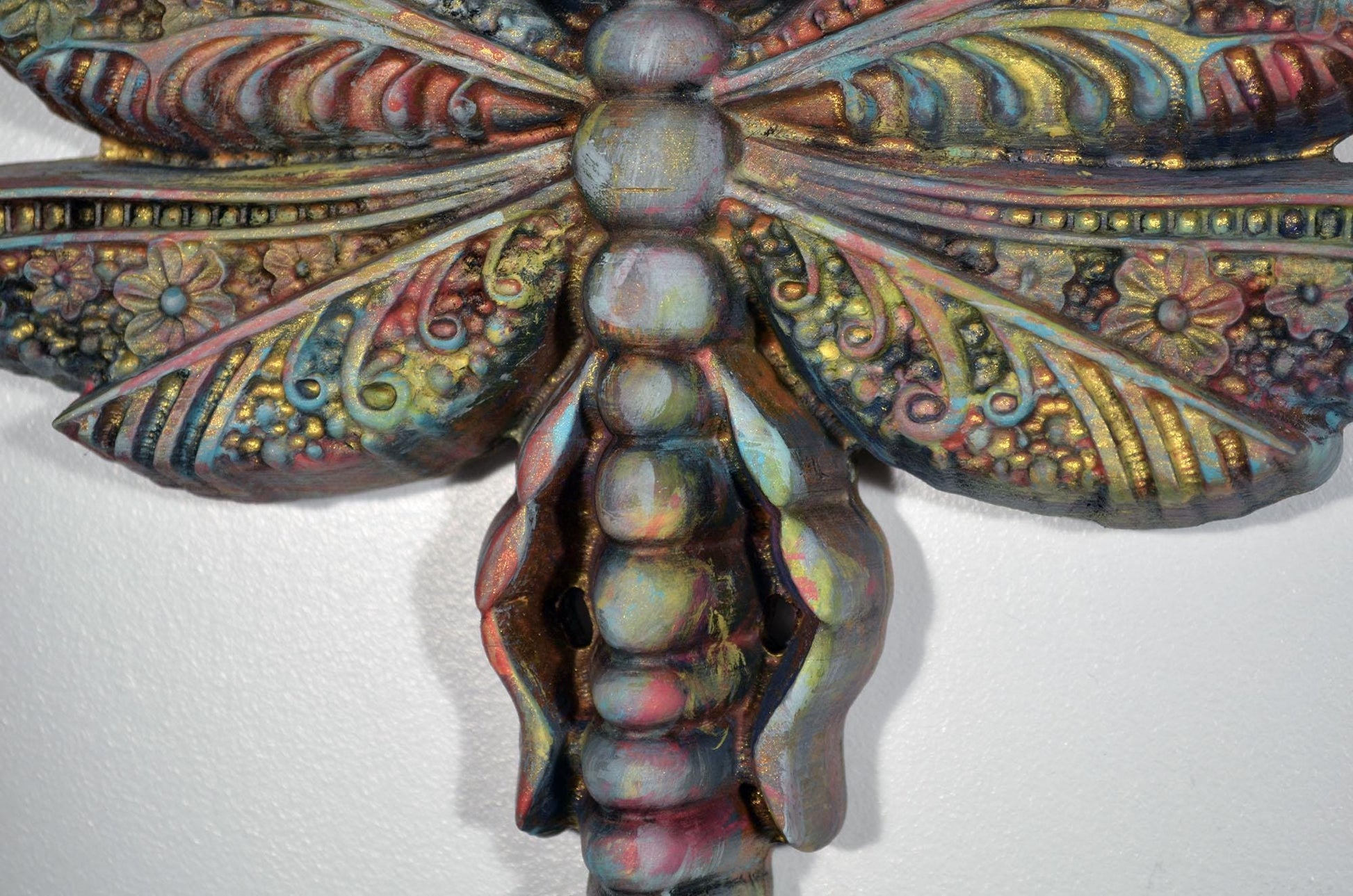 Dragonfly hand painted 3d wood carving, wood wall art, colorful metallic ready to hang