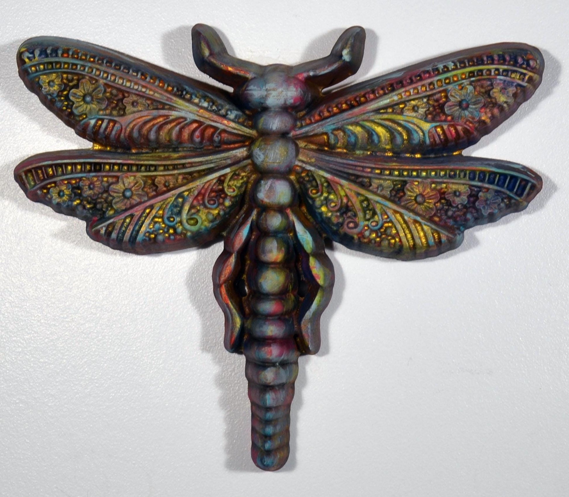 Dragonfly hand painted 3d wood carving, wood wall art, colorful metallic ready to hang