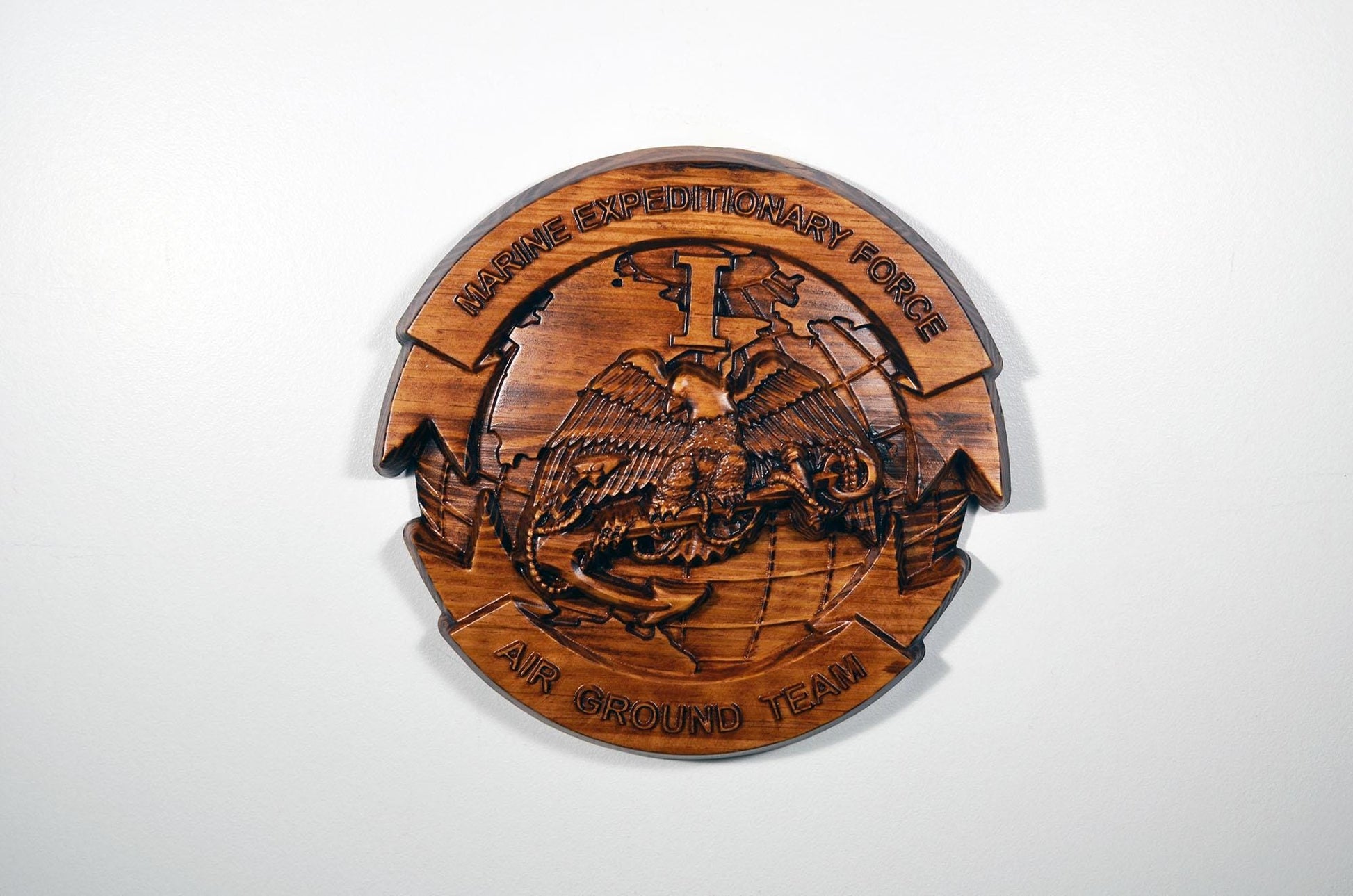 USMC I Marine Expeditionary Force, 12" stained 3d wood carving, military plaque
