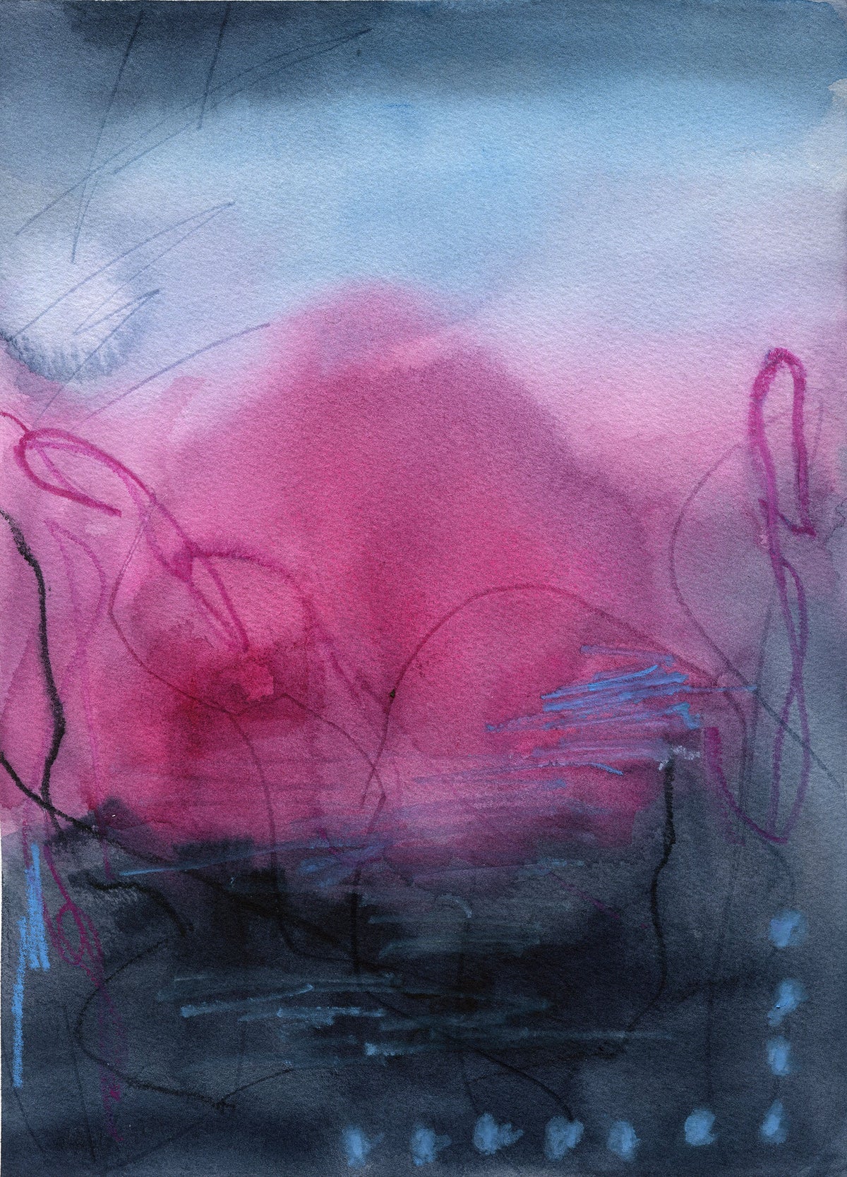 Abstract watercolor painting with a large pink and magenta central form, a pale blue sky-like area at the top, dark charcoal/black lower section, and fine sketchy lines throughout.