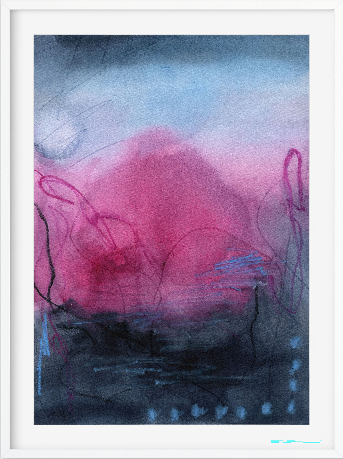 An abstract art print featuring a textured composition of pink, blue, and dark gray watercolor washes with fine sketch lines, presented in a white frame.