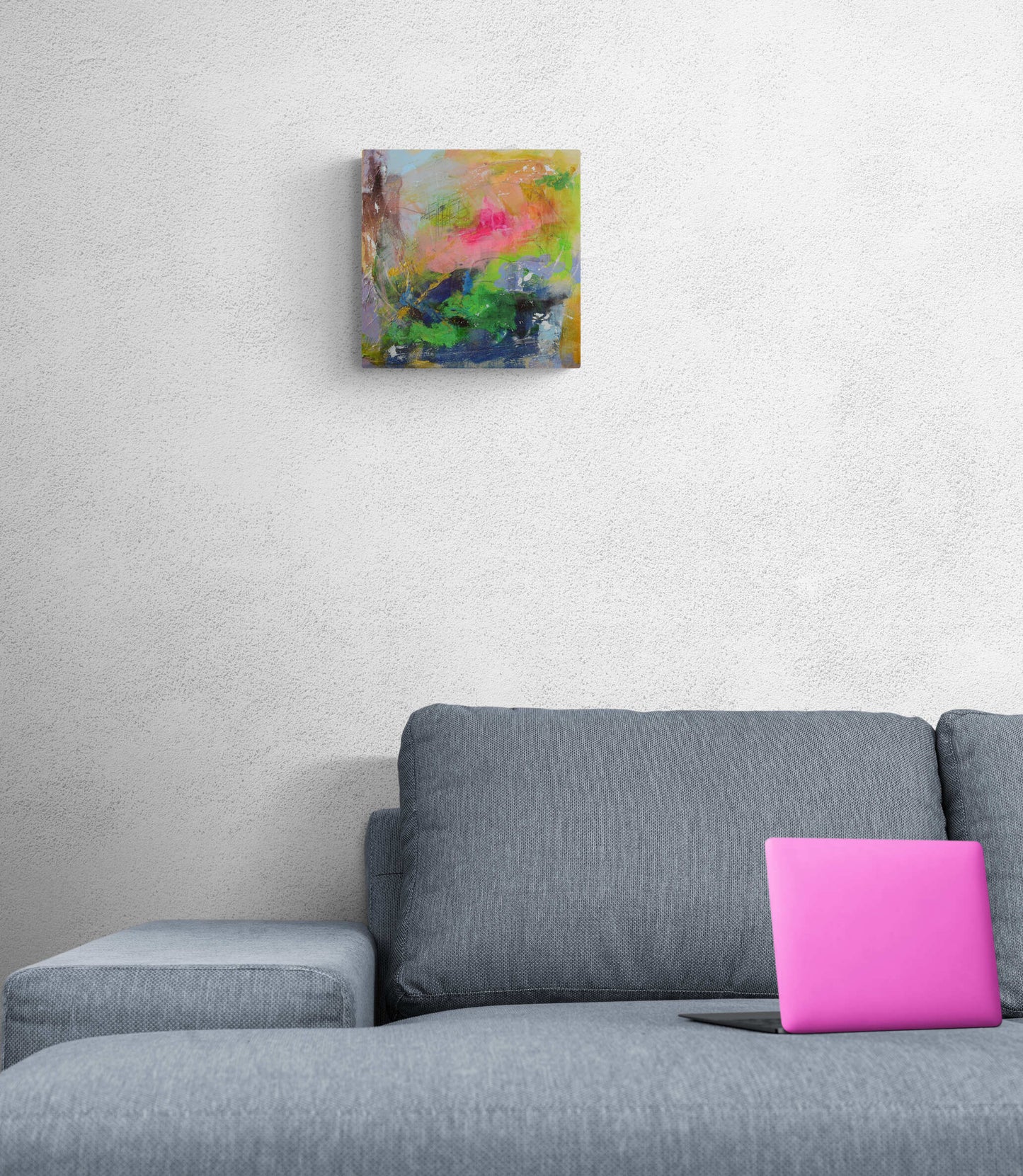 Abstract mixed media on canvas 10x10, bright neon green and pink accent eclectic wall art