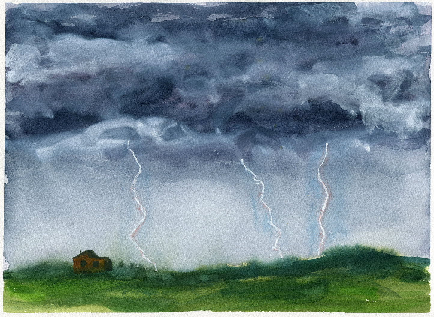 Watercolor painting of a storm landscape with dark gray clouds, lightning bolts striking down, and a small house on a green hill.