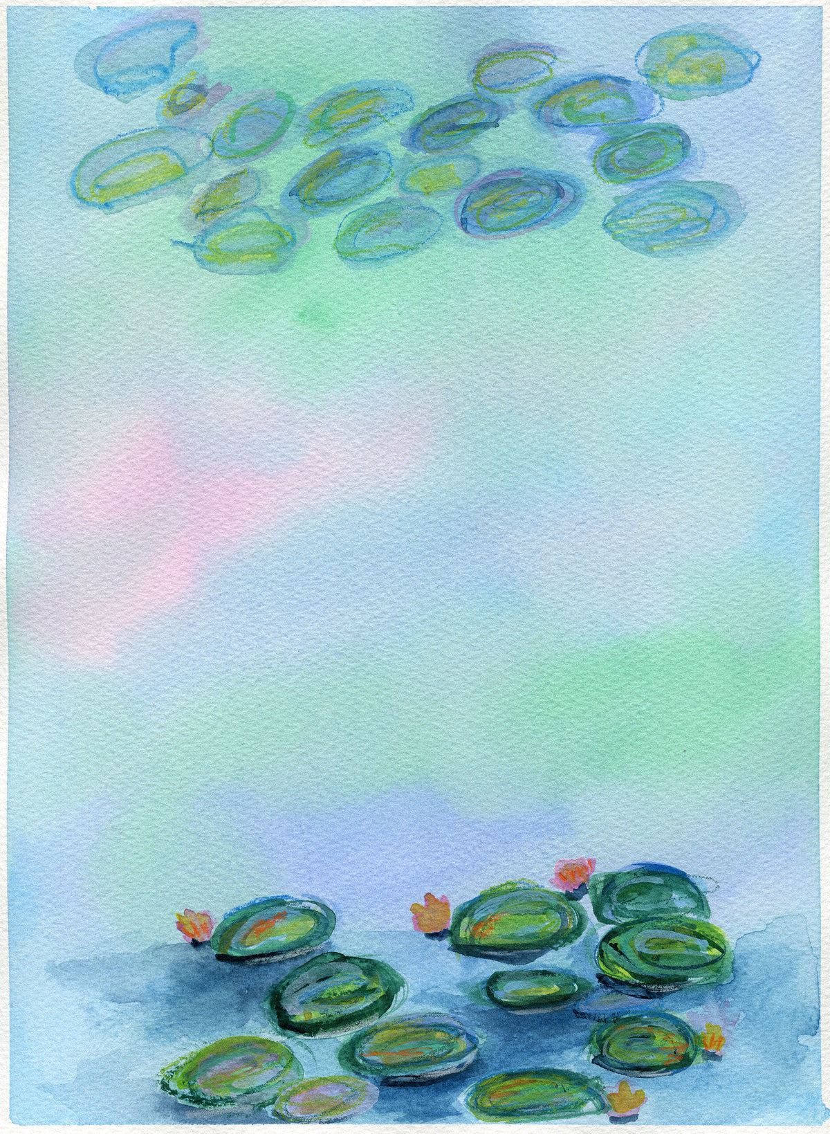 Watercolor painting of lily pads on water, with green and blue-green pads floating on a soft blue and mint background with a faint pink wash.