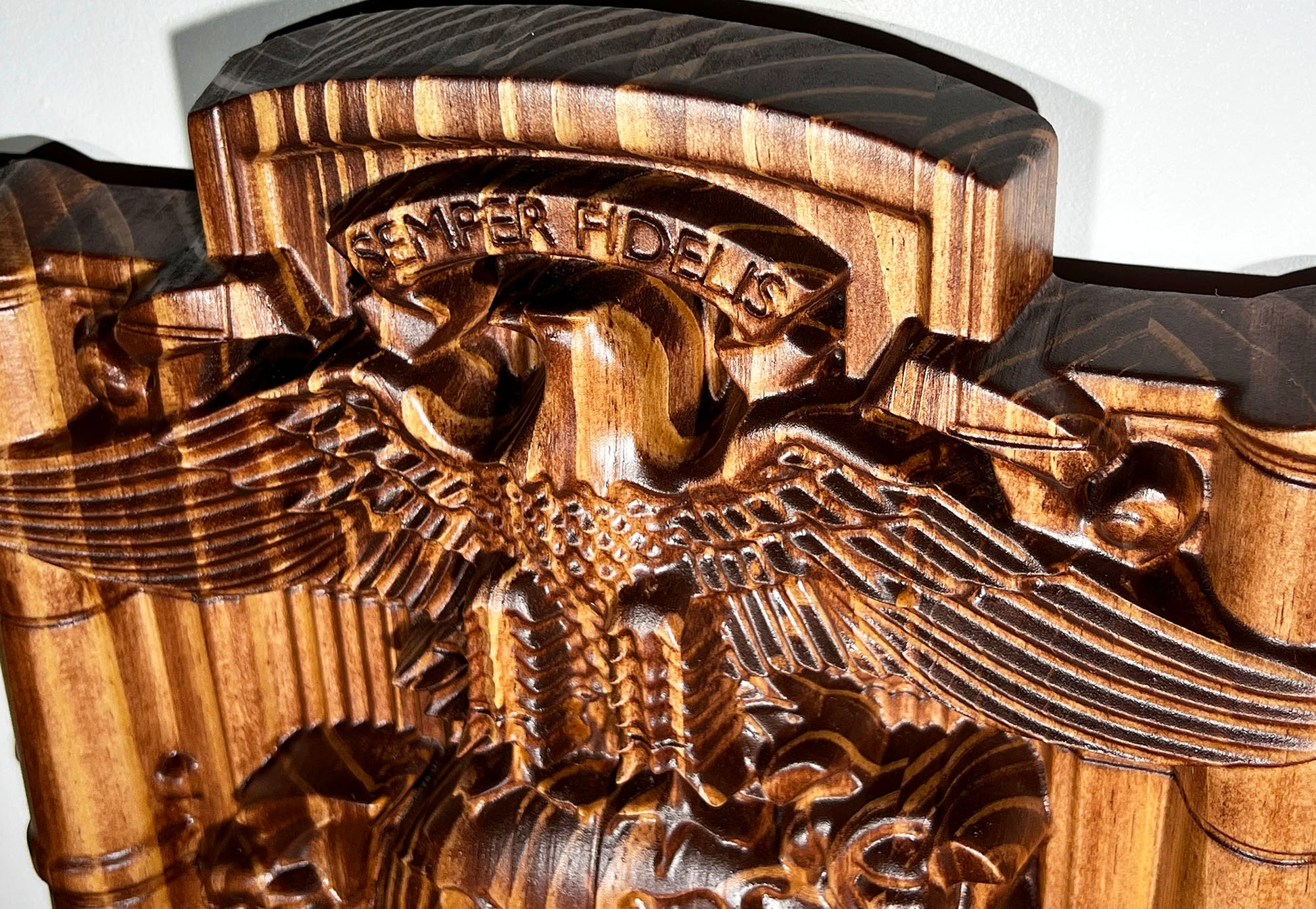 Wooden belt buckle with eagle design and 'Semper Fidelis' engraving
