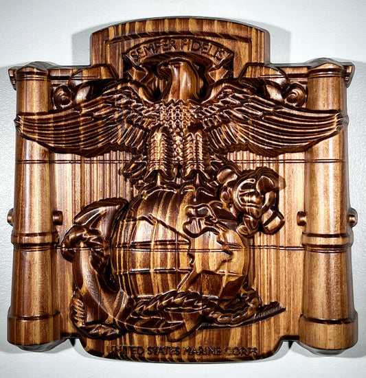 Wooden plaque with detailed carvings of an eagle and text on a white background
