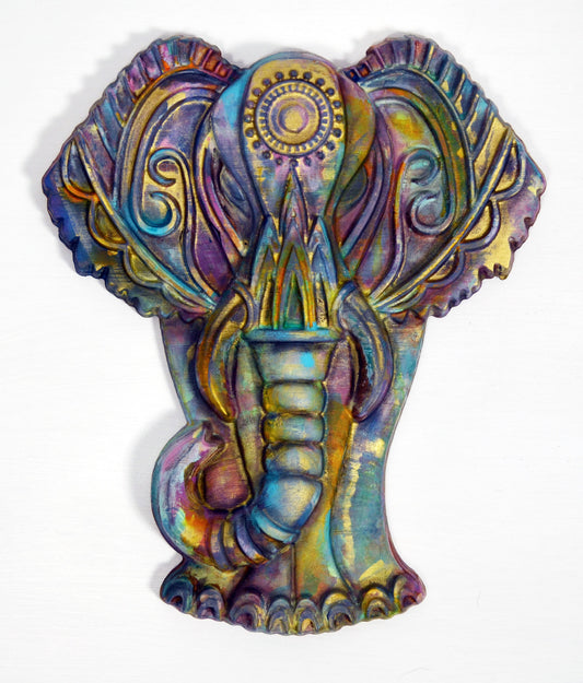 Elephant hand painted 3d wood carving, wood wall art, ready to hang vibrant colorful elephant decor