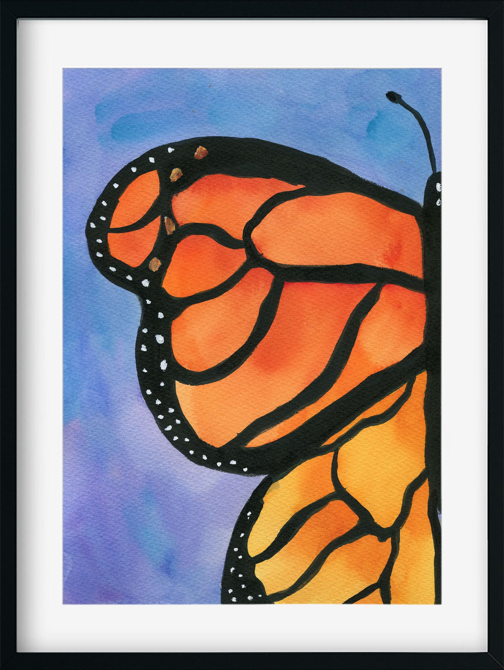 Framed artwork of a butterfly with orange and black wings on a blue background