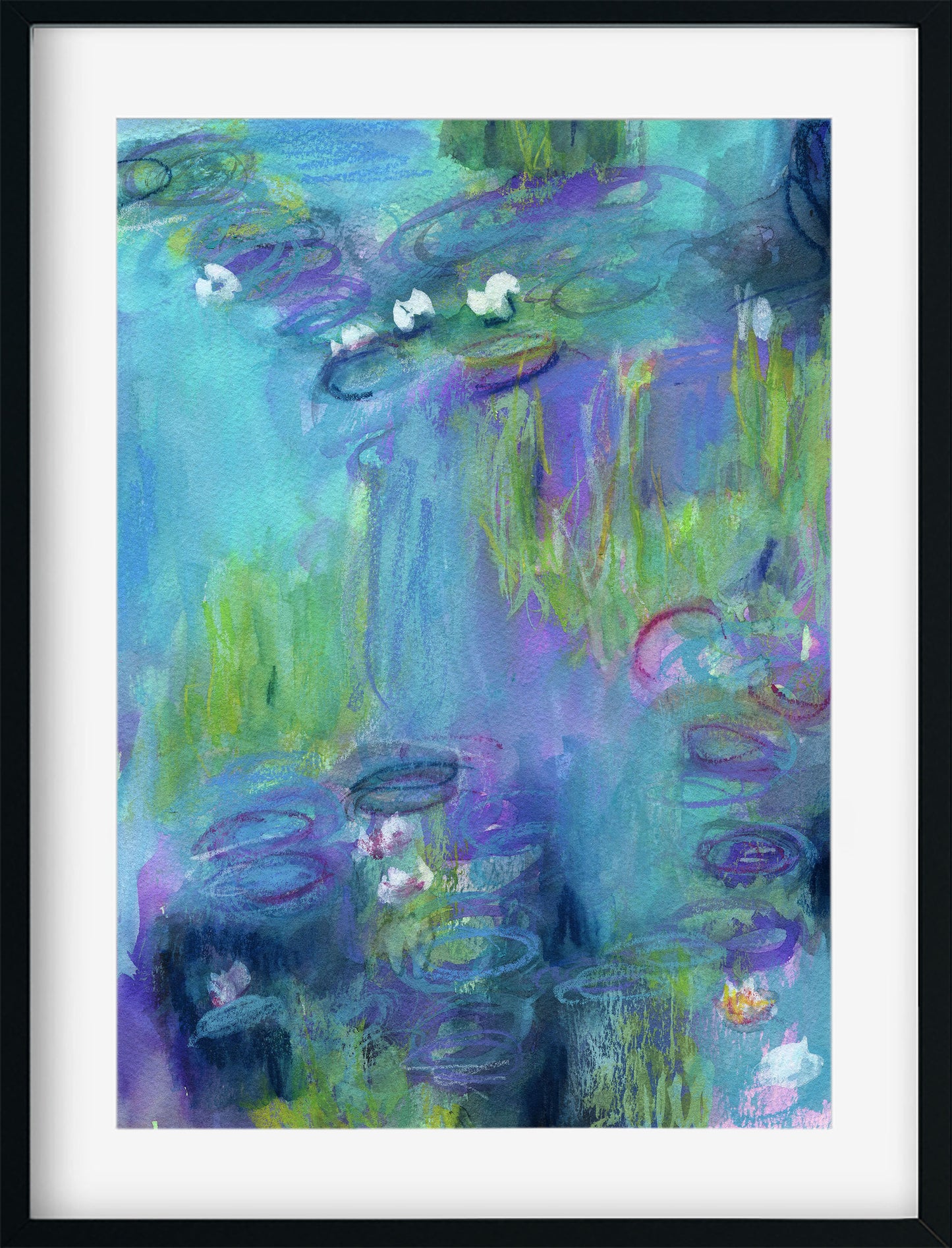 Colorful abstract painting of water lilies and greenery