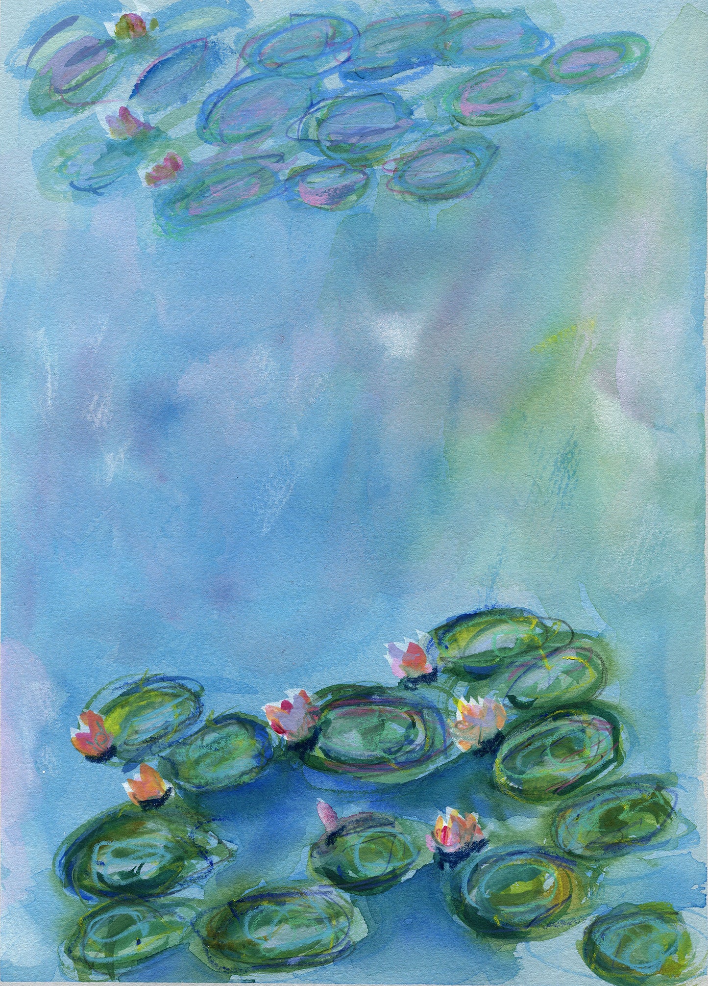 Painting of water lilies on a pond with a soft, pastel color palette.