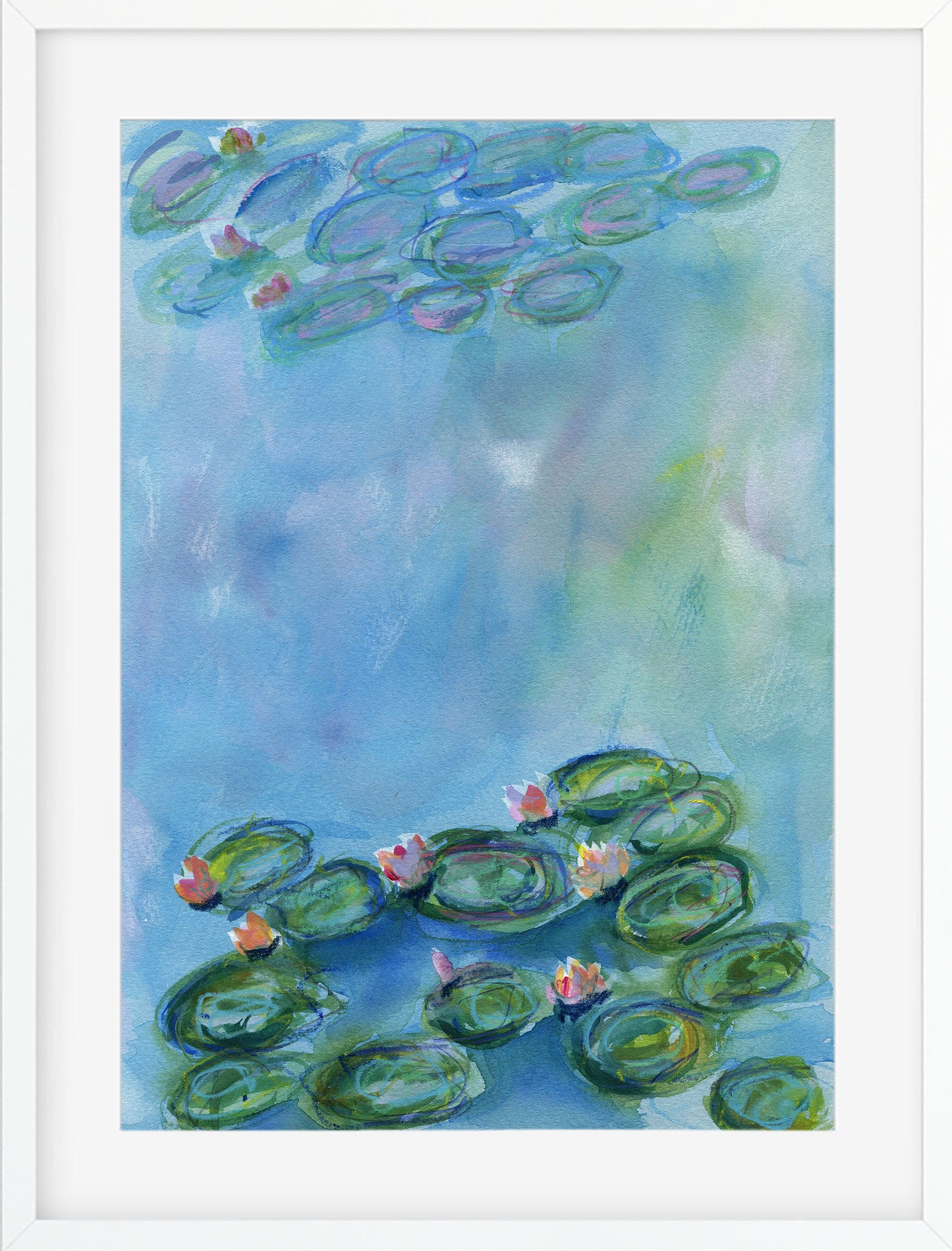 Framed artwork of water lilies on a blue background