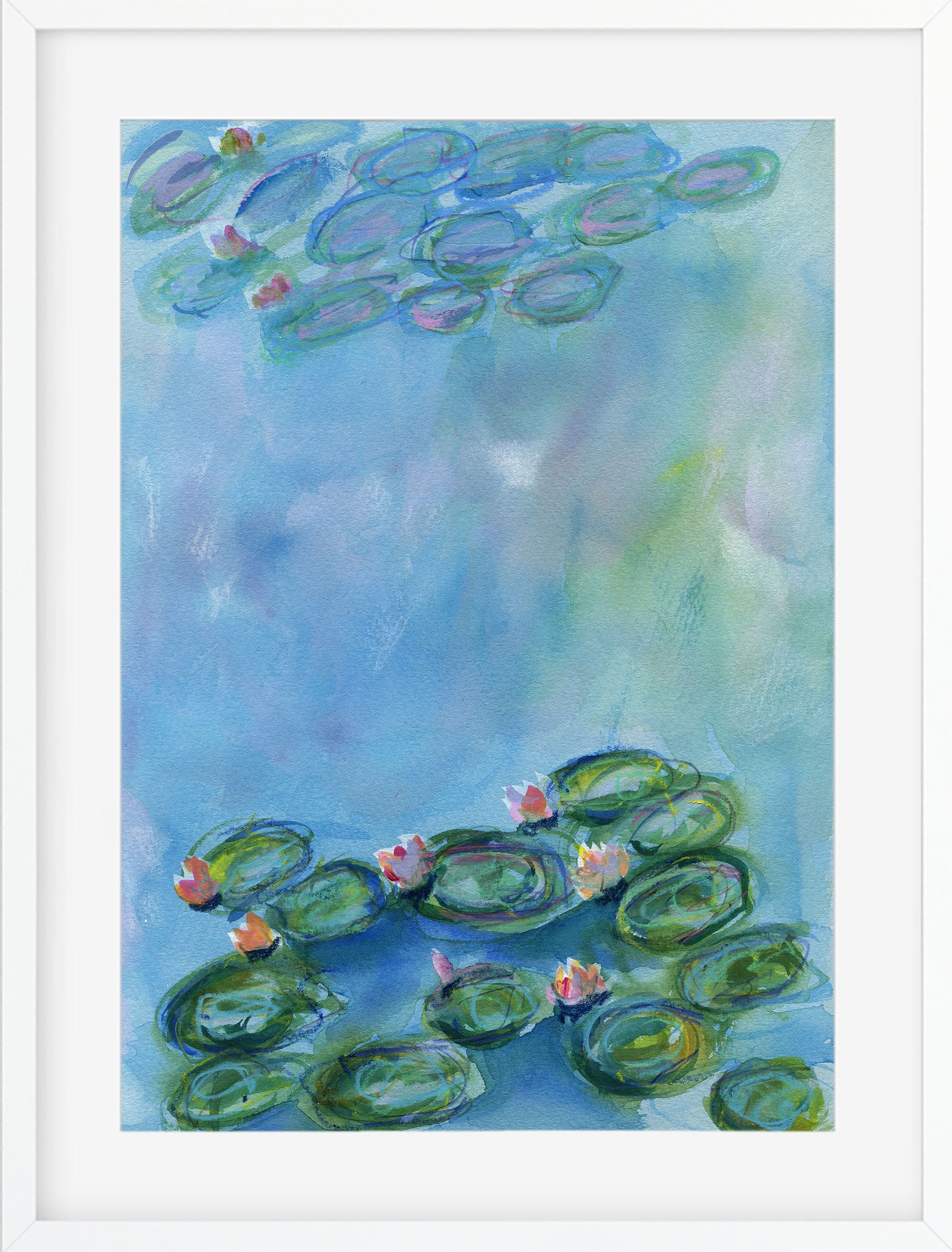 Framed artwork of water lilies on a blue background