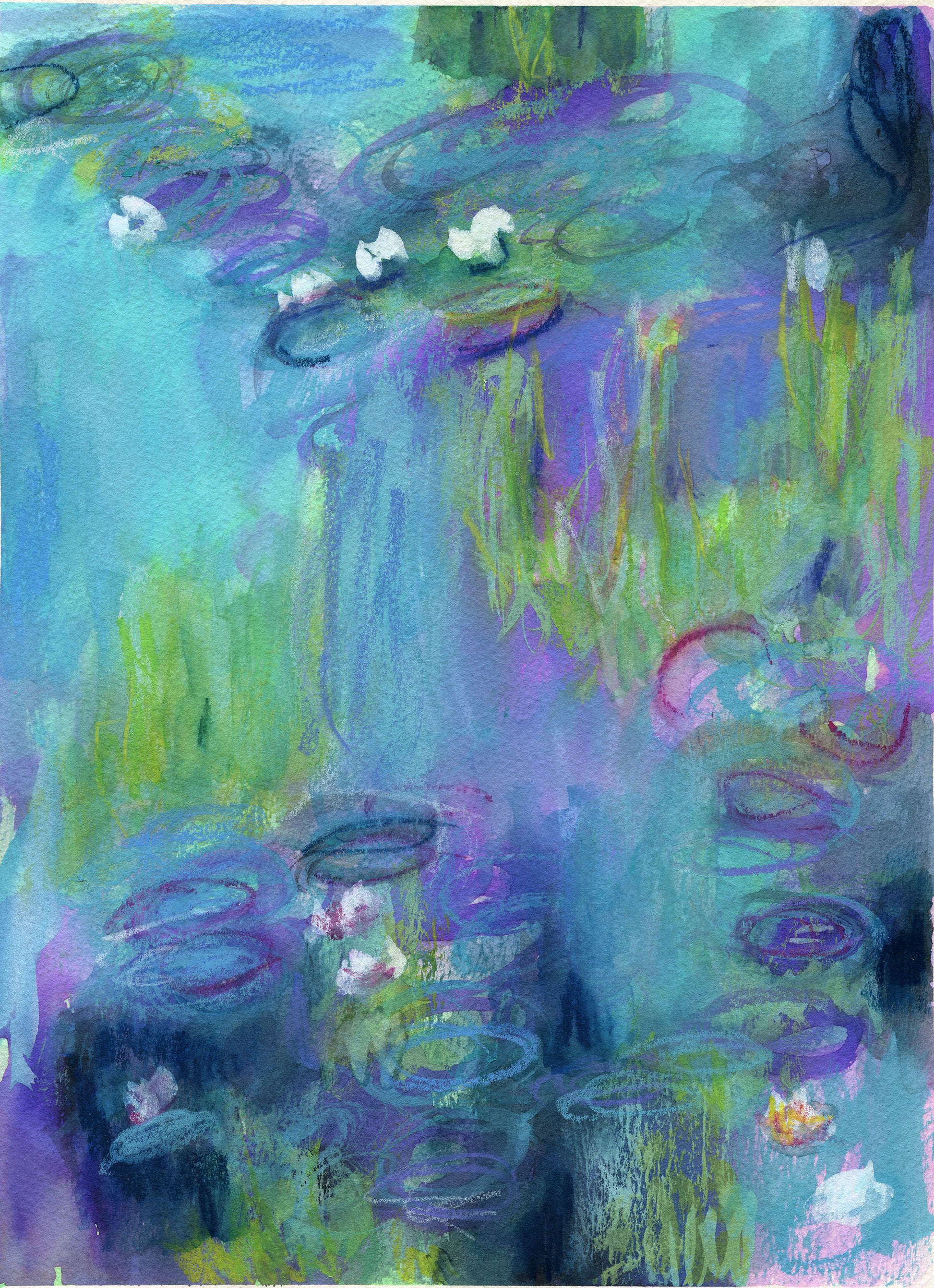 Colorful abstract painting of water lilies and greenery