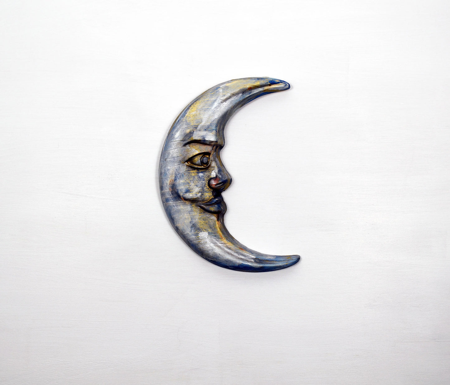 Crescent moon face hand painted 3d wood carving, wood wall art, vibrant and bold wood wall art ready to hang