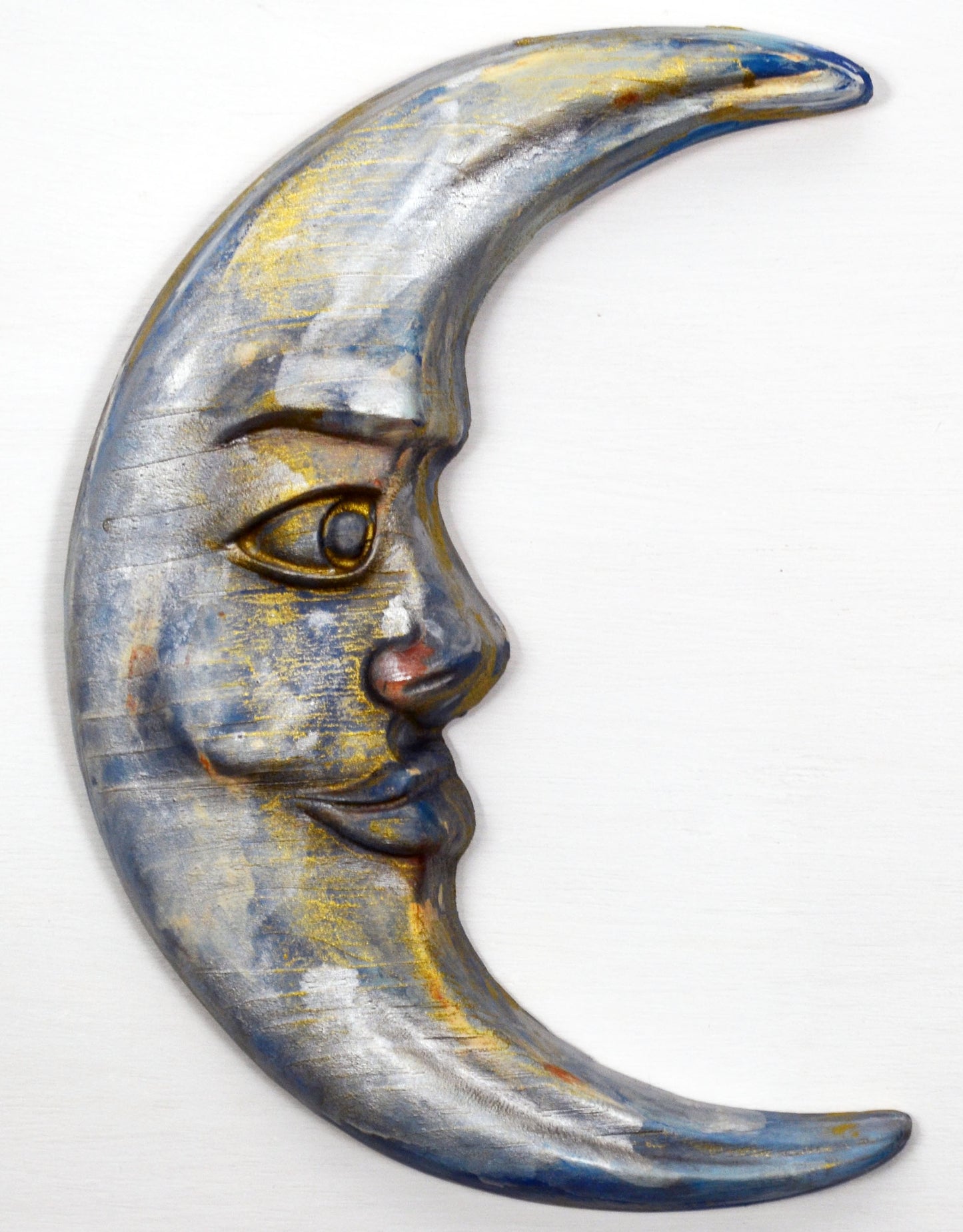 Crescent moon face hand painted 3d wood carving, wood wall art, vibrant and bold wood wall art ready to hang