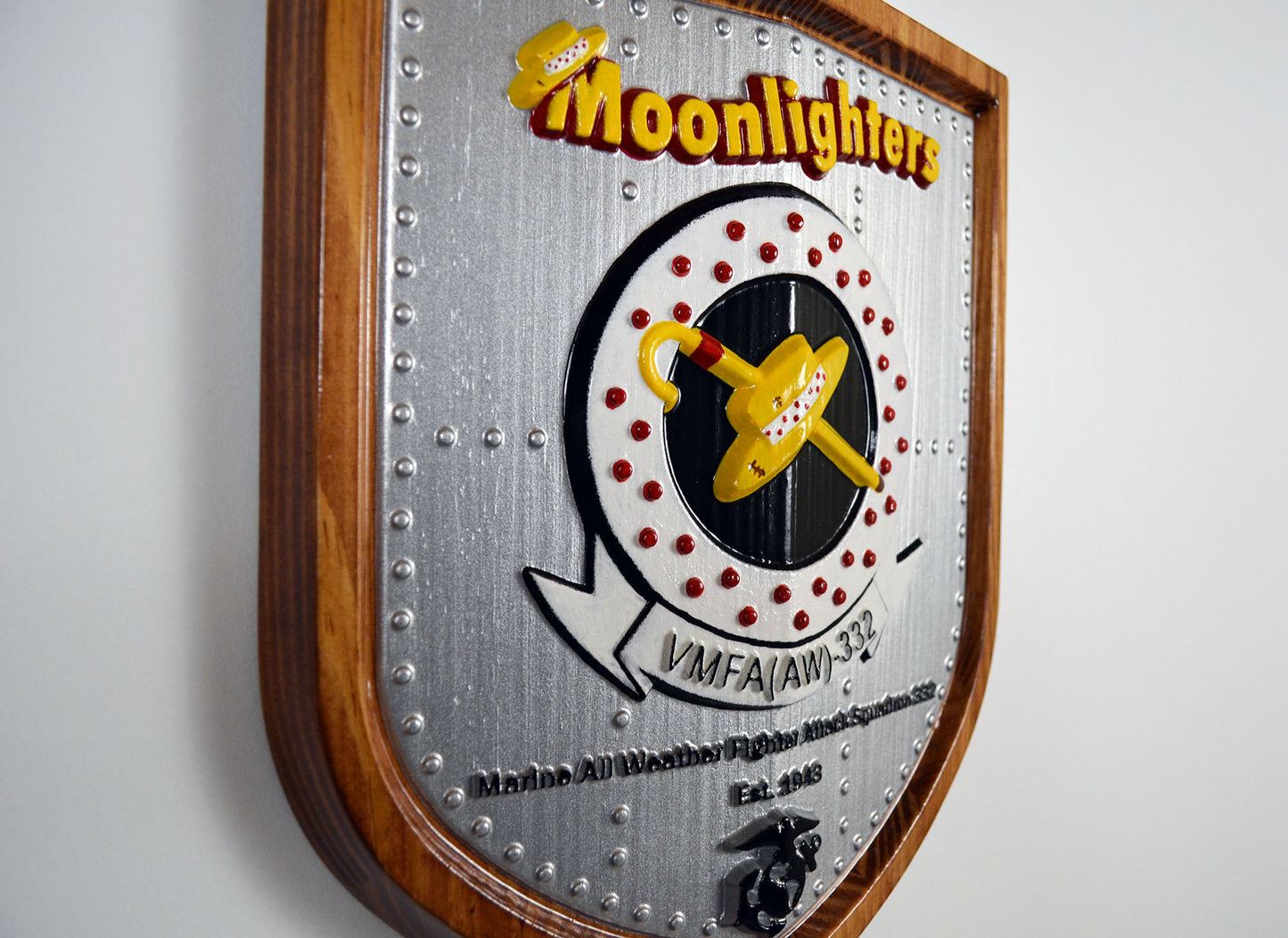 USMC All Weather Fighter Squadron VMFA-332, Moonlighters, CNC 3d wood carving, painted military plaque