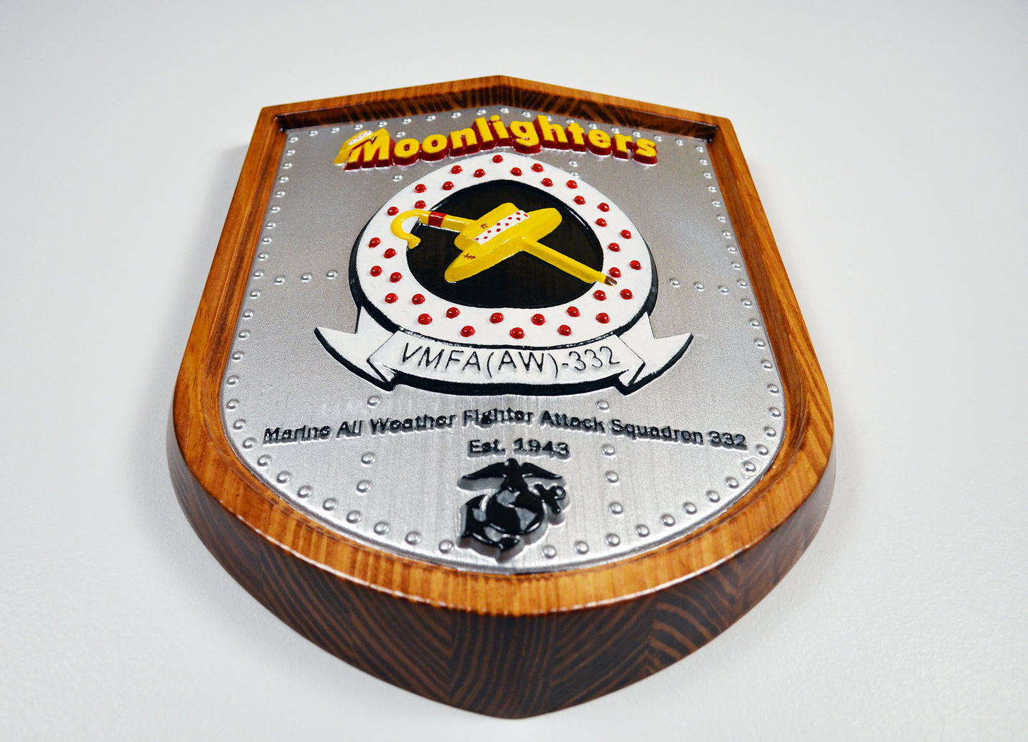 USMC All Weather Fighter Squadron VMFA-332, Moonlighters, CNC 3d wood carving, painted military plaque