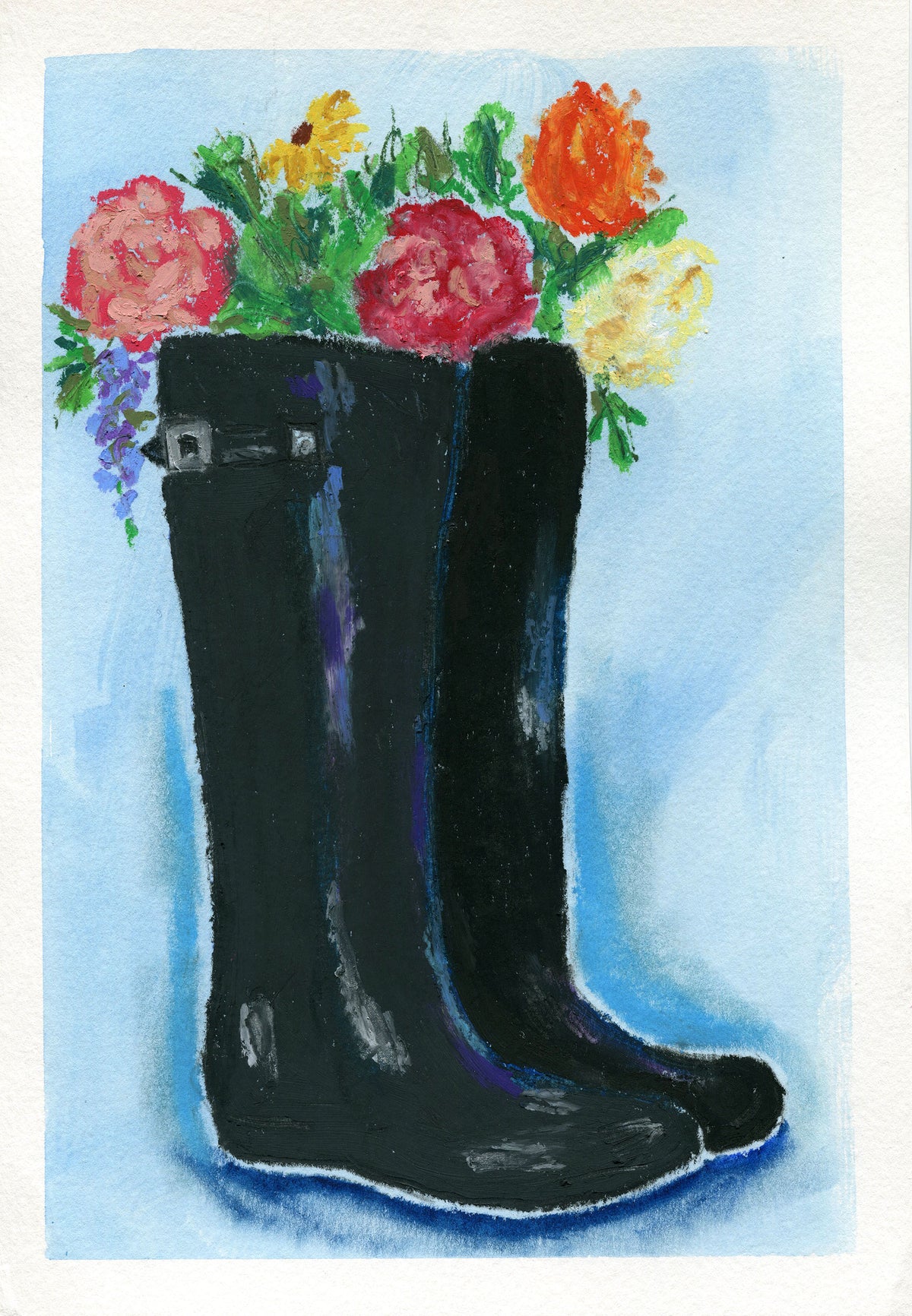 oil pastel rain boot flowers