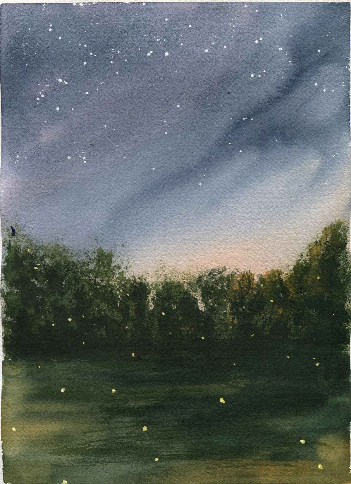 Watercolor painting of a night landscape with a starry sky, dark tree line, and glowing firefly-like lights over a reflective field.