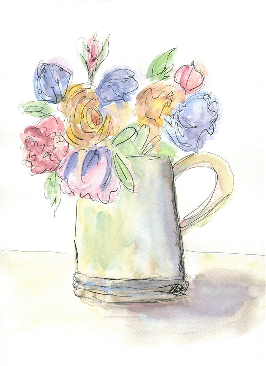 Watercolor painting of a bouquet of pastel-colored flowers in a water pitcher, on a white background.