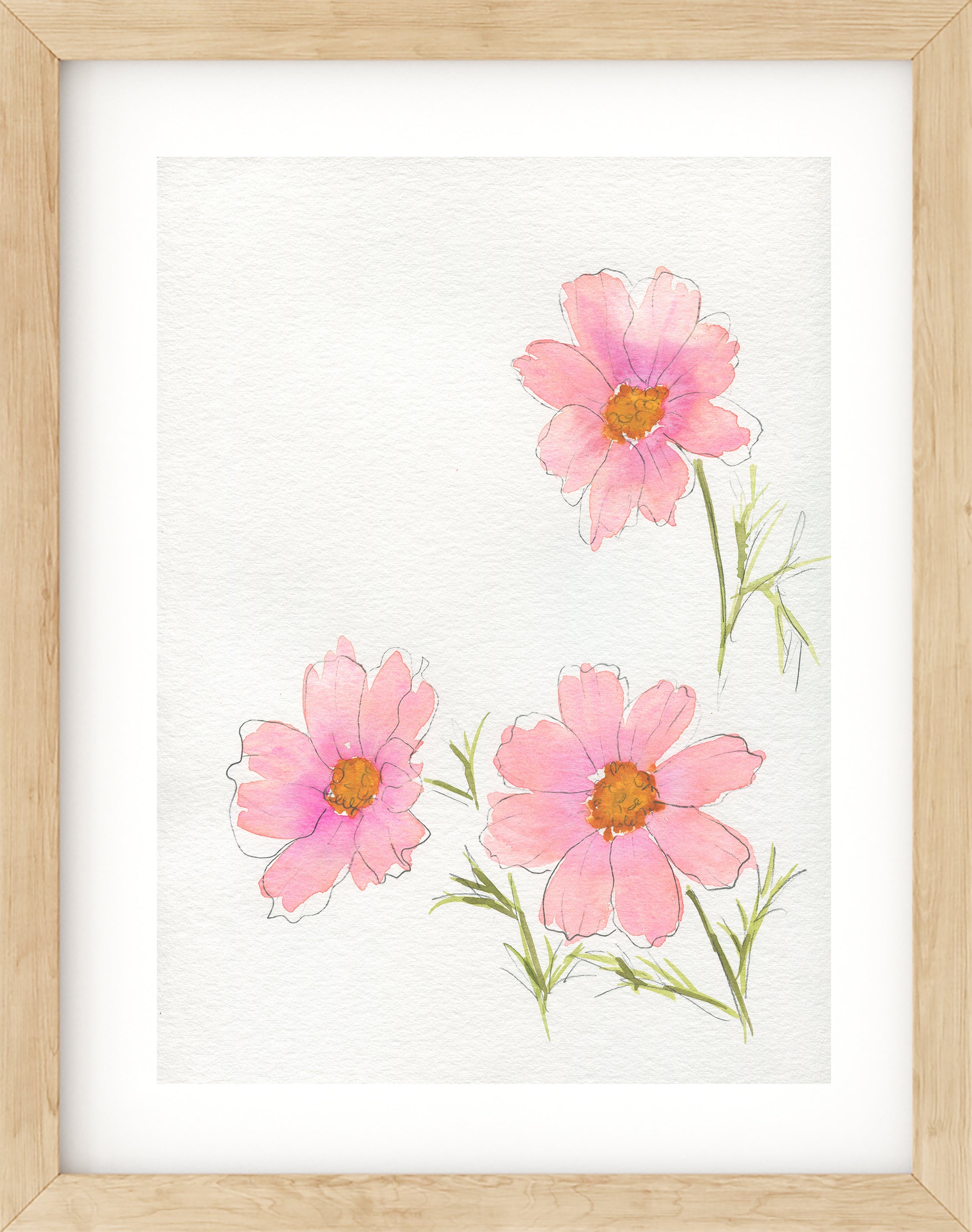 Framed artwork of pink flowers on a white background