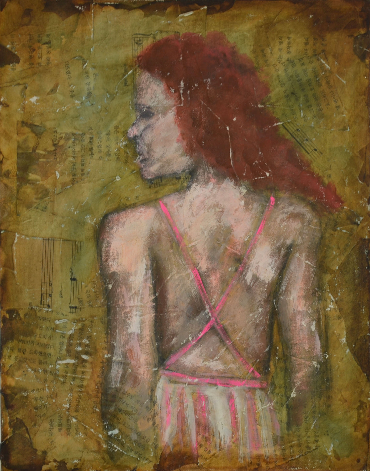An expressive mixed-media painting of a woman in profile with her back turned, featuring vibrant red hair and pink straps against a textured, aged yellow-brown background.