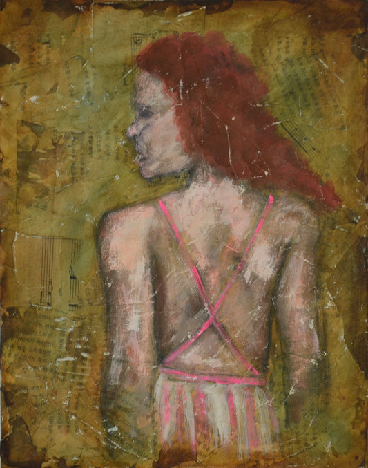 An expressive mixed-media painting of a woman in profile with her back turned, featuring vibrant red hair and pink straps against a textured, aged yellow-brown background.