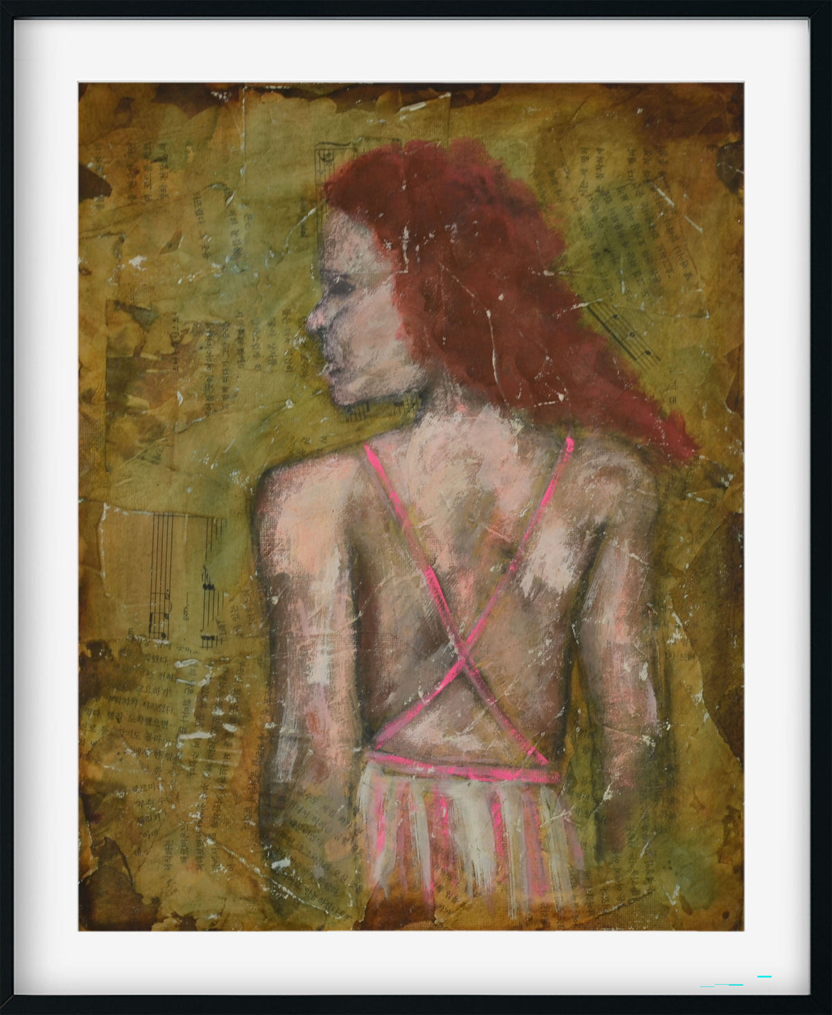A framed mixed-media painting of a woman with red hair seen from behind, wearing a pink criss-cross top, set against a textured olive and gold background. The artwork is presented in a white mat and a black frame.