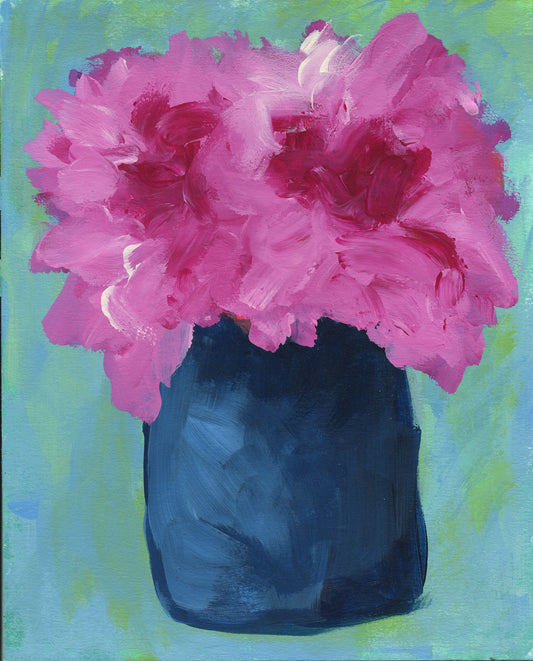 An expressive painting of bright pink flowers in a dark blue vase against a light blue-green background.