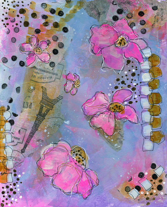 Abstract mixed-media painting featuring pink flowers, a black Eiffel Tower silhouette, scattered black and white dots, and layered pastel purple, blue, pink, and gold textures.