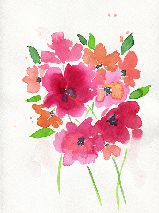 Bright pink poppy watercolor painting 9x12