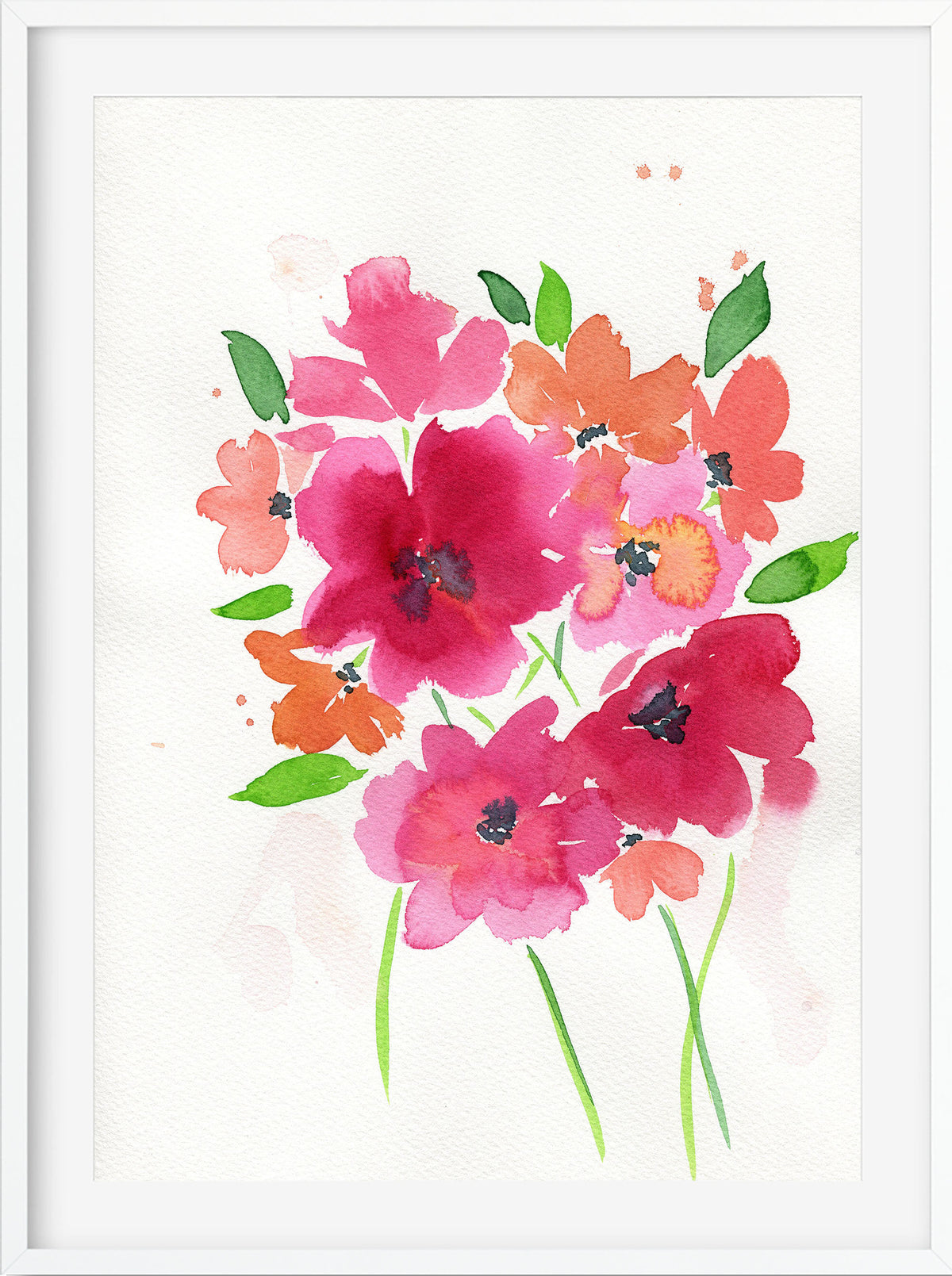 Bright pink poppy watercolor painting 9x12