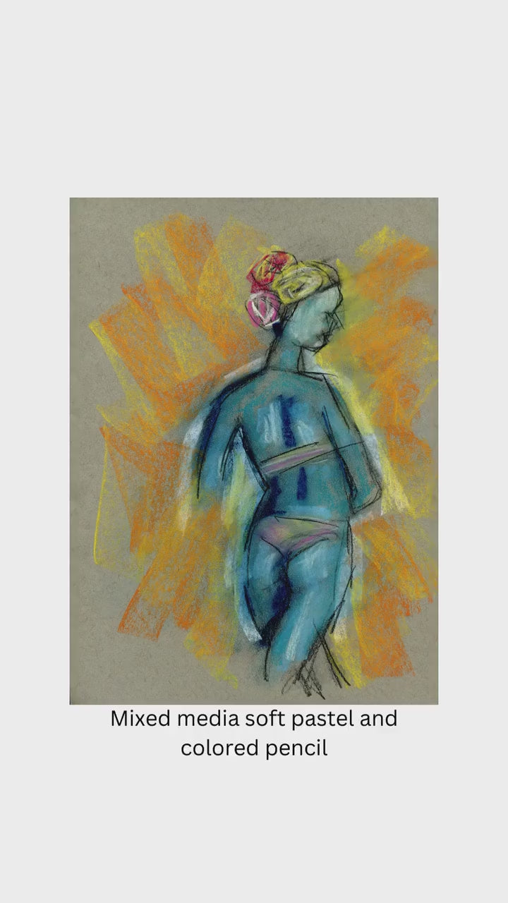 Expressive female form original soft pastel and colored pencil drawing 9x12, old school pin up girl wall art