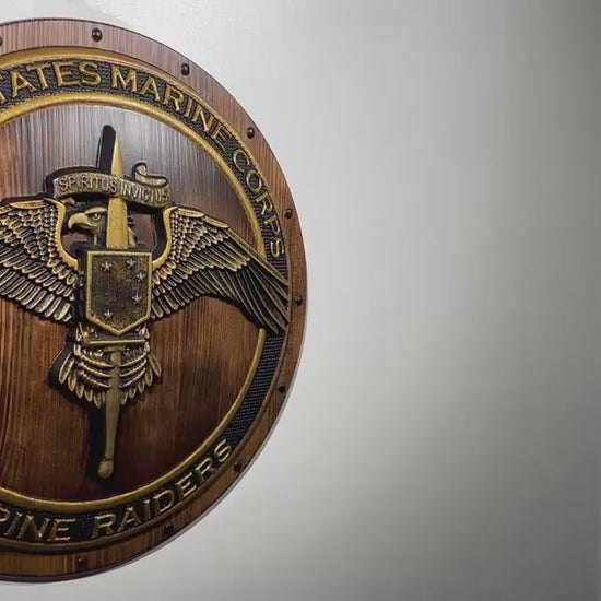 USMC Marine Raiders Badge on Shield, Marine Special Operations, painted wood military plaque