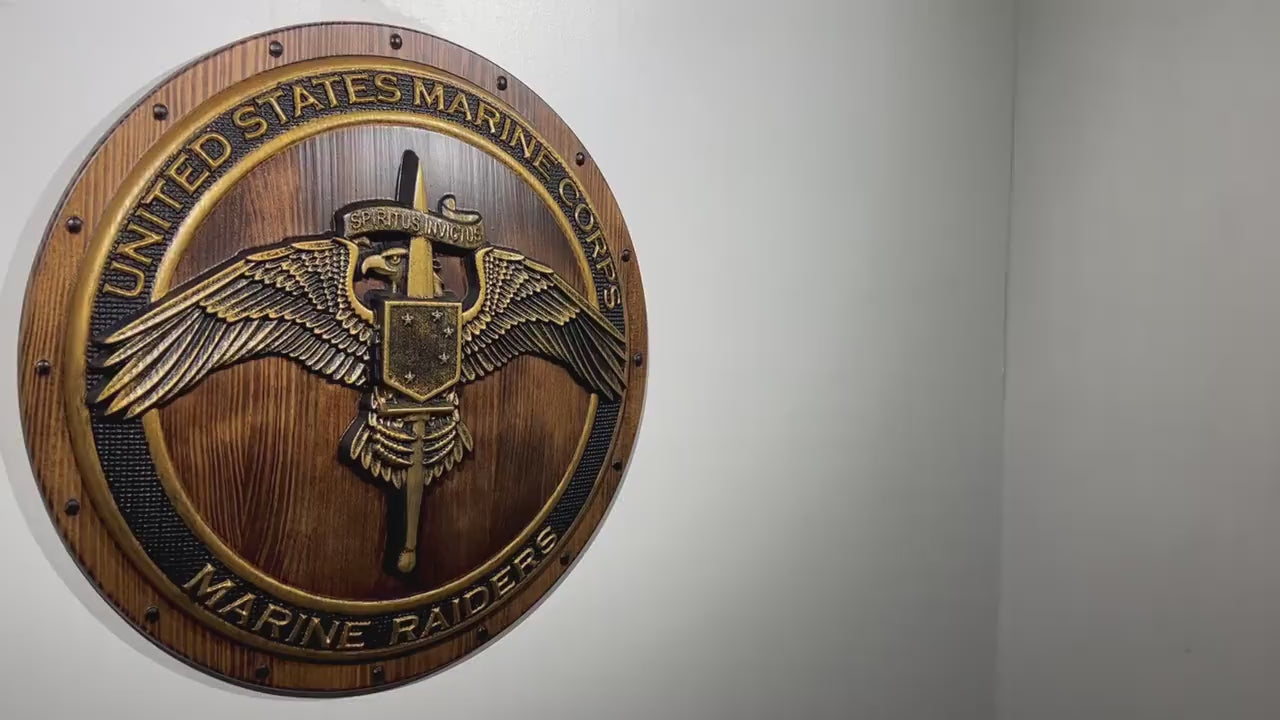 USMC Marine Raiders Badge on Shield, Marine Special Operations, painted wood military plaque