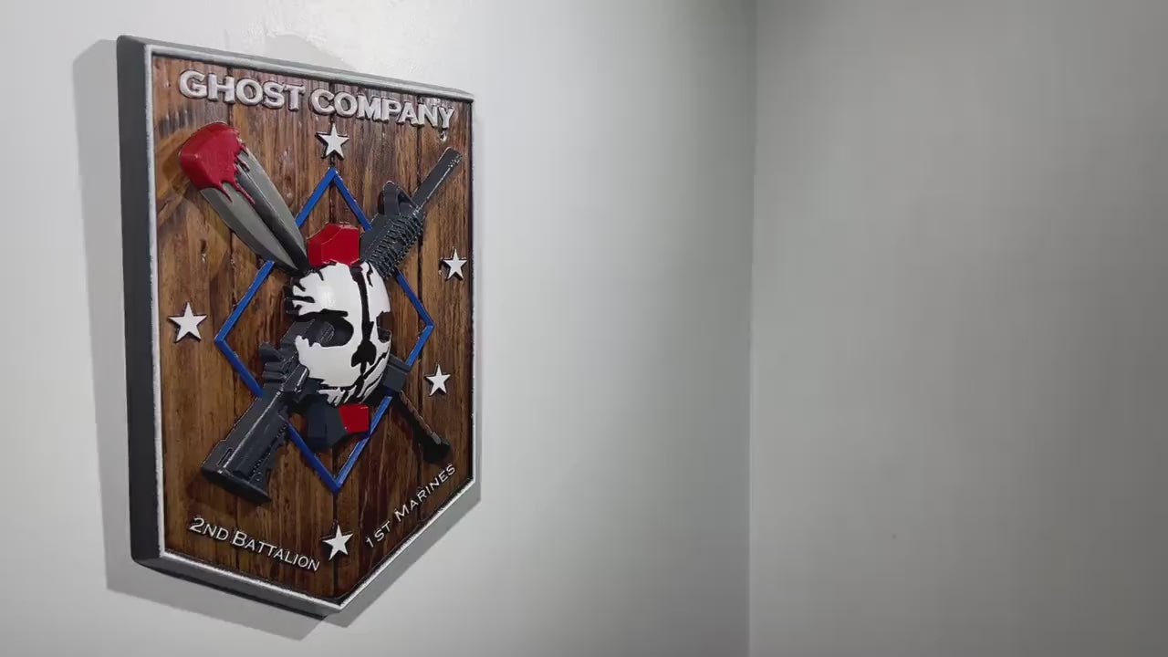 USMC 2nd Battalion 1st Marine Ghost Company,  painted wood carving military plaque