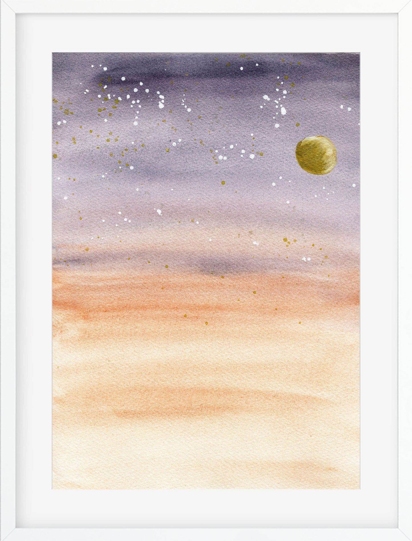 Watercolor painting of a night sky with a moon and stars on a gradient background.