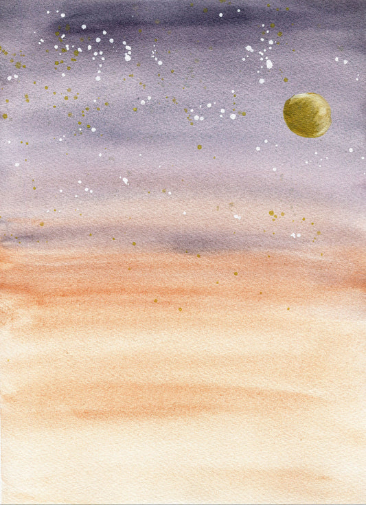 Watercolor painting of a celestial scene with a planet and stars on a gradient background